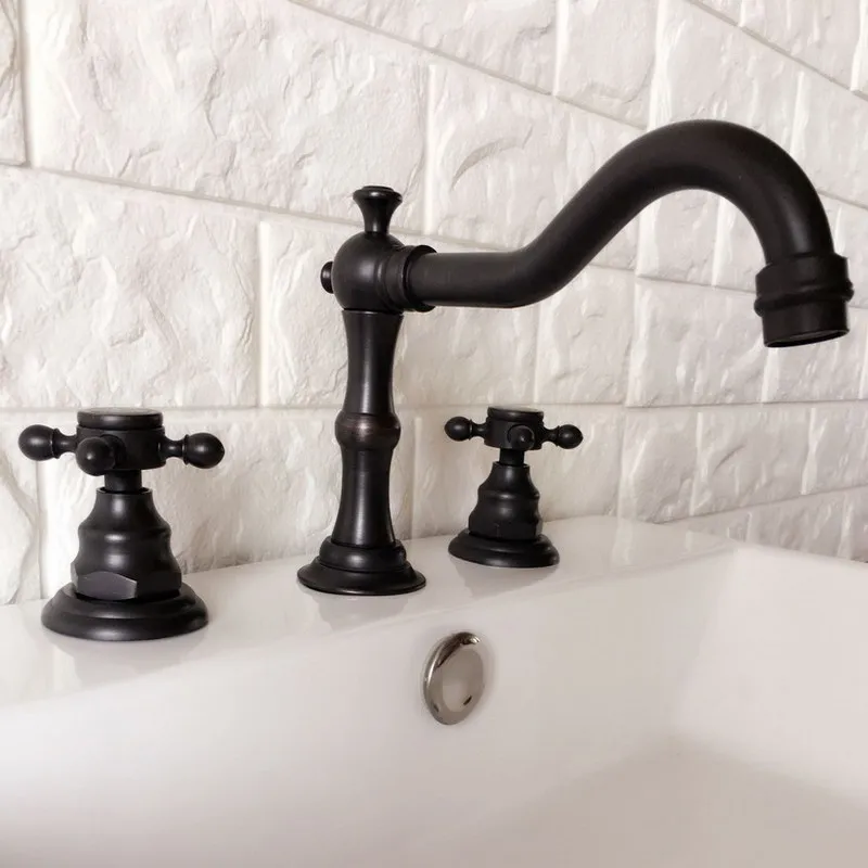 

Black Oil Rubbed Brass Widespread Dual Handle Bathroom Washing Basin Mixer Taps Deck Mounted 3 Holes Lavatory Sink Faucet ahg064