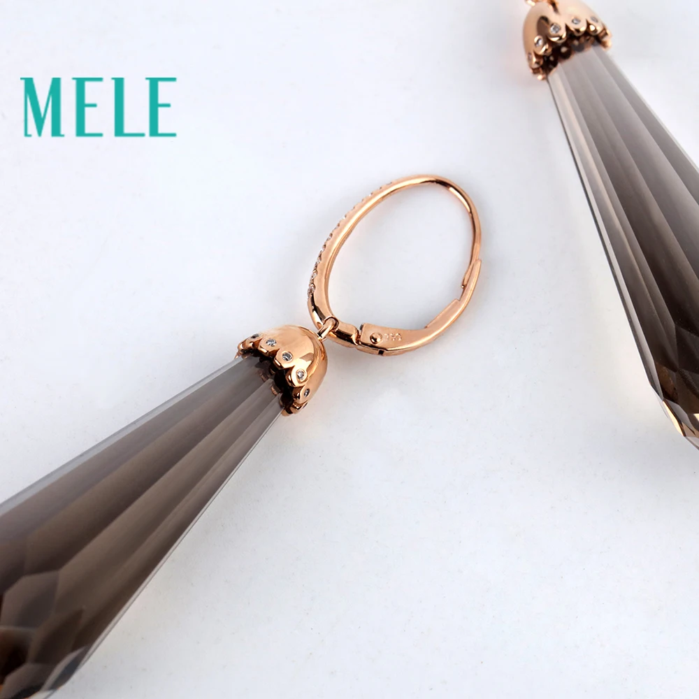 MELE 18K золотые висячие серьги с натуральным дымчатым кварцем для женщин, бриллиантовый боковой камень, новая мода, хорошее ювелирное изделие с высоким качеством