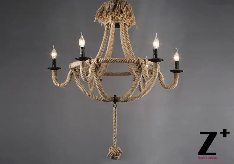 

America style vintage country Linen Flax Rope Bead made chandelier lamp E27 X 6 LIGHTsfree shipping
