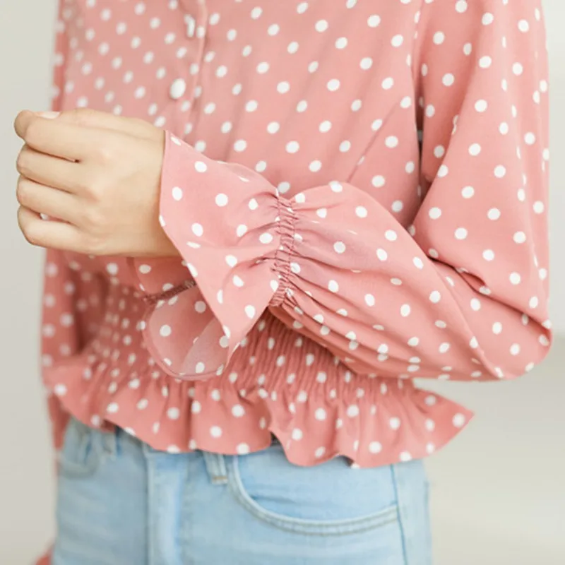 

Casual O-Neck Flare Long Sleeves Blouses Chiffon Polka Dots Shirt 2019 Women Tops