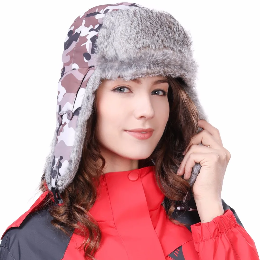 FANCET Mens Bomber Hats Trapper Ushanka Russian Ear Flaps Waterproof Windproof Cap 100% Rabbit Fur Nylon Shell Sitka 69185