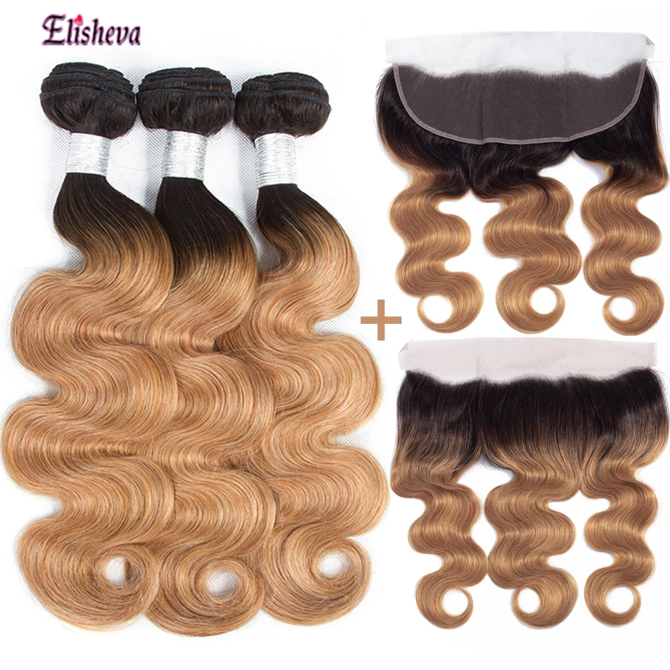 

Elisheva Ombre Bundles with Frontal Peruvian Body Wave 1b/27 Remy Honey Blonde Human Hair 3 Bundles With Closure 13x4 PrePlucked