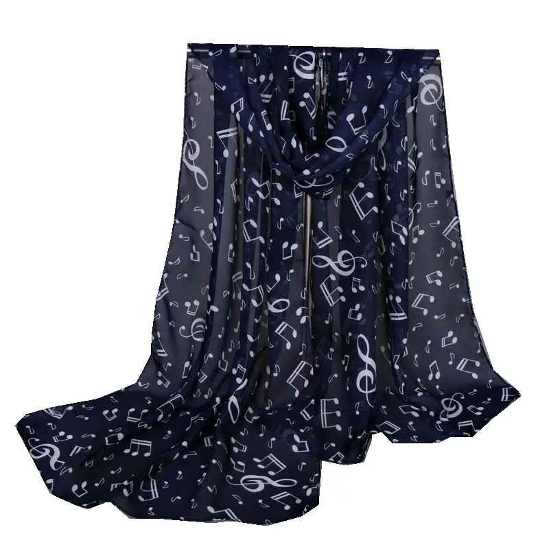 Черный Шифоновый Шарф с музыкальными нотками шарф шаль на осень и зиму