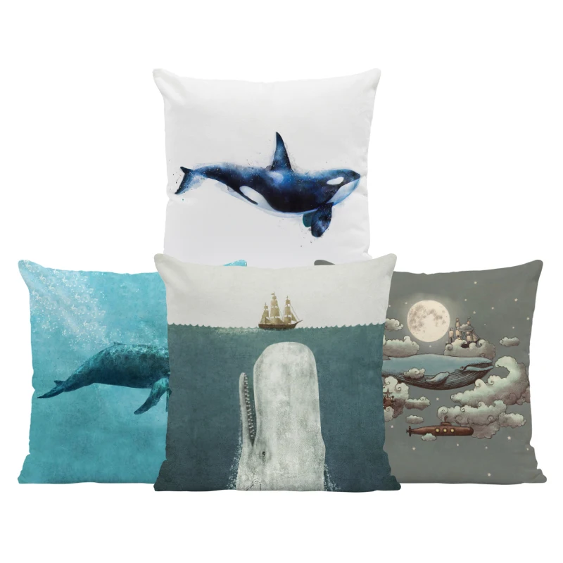 

Nautical Ocean Cushion Killer Whale Creativity Pillow Case Blue Seahorse Modern Living Room For Sofa Throw Pillow 45X45Cm Velvet