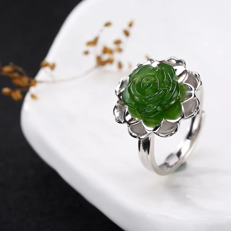 Женское кольцо с натуральным драгоценным камнем зеленое Jade Jasper розовым цветком