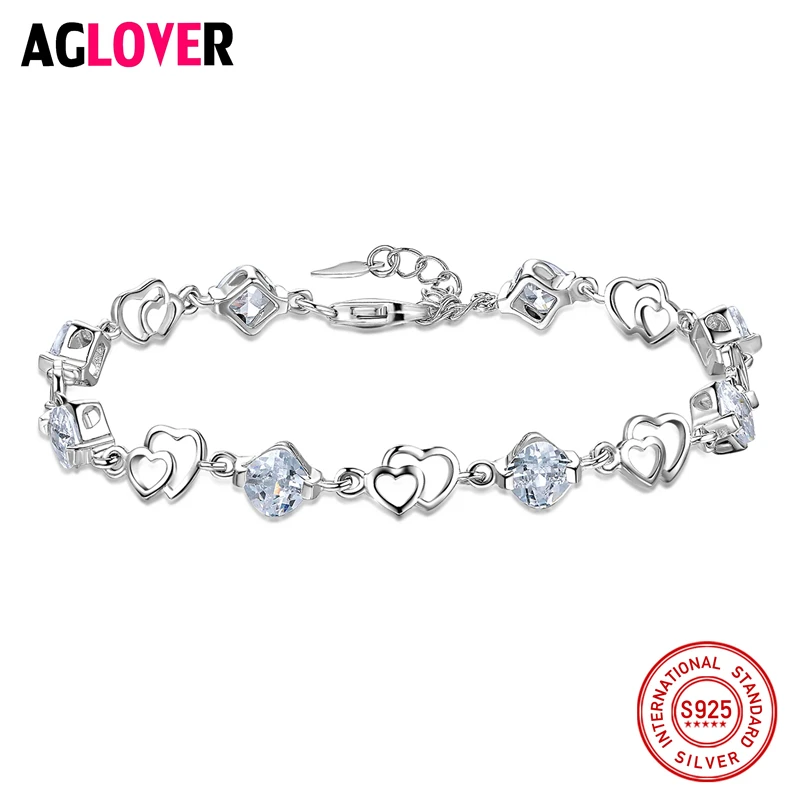 

AGLOVER New 2018 Double Love Heart Female Purple/White Zircon Crystal 925 Sterling Silver Women's Bracelets Jewelry Wholesale