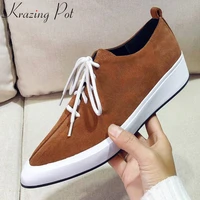 krazing pot new kid suede low bottom lace up loafers pretty girls pointed toe british style platform women vulcanized shoes l19