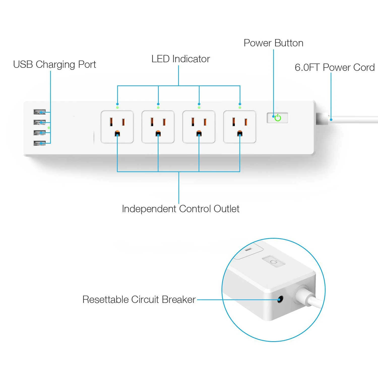 WiFi Smart power Strip Защита от перенапряжения 4 штепсельные розетки с разъемами США