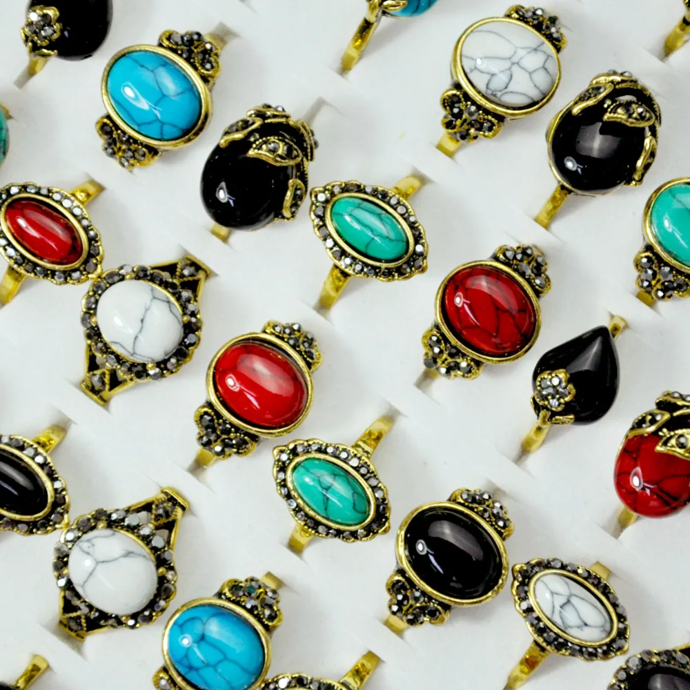 

10Pcs Vintage Turquoises Rhinestone Ancient Gold Women Ring Jewelry Lots LR4054