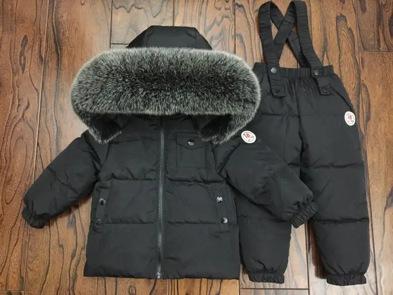 black matte fox fur Лидер продаж, детские теплые пальто+ пуховые штаны верхняя одежда для малышей Детские комплекты одежды наивысшего качества с натуральным мехом Зимние костюмы из 2 предметов - Цвет: black matte fox fur