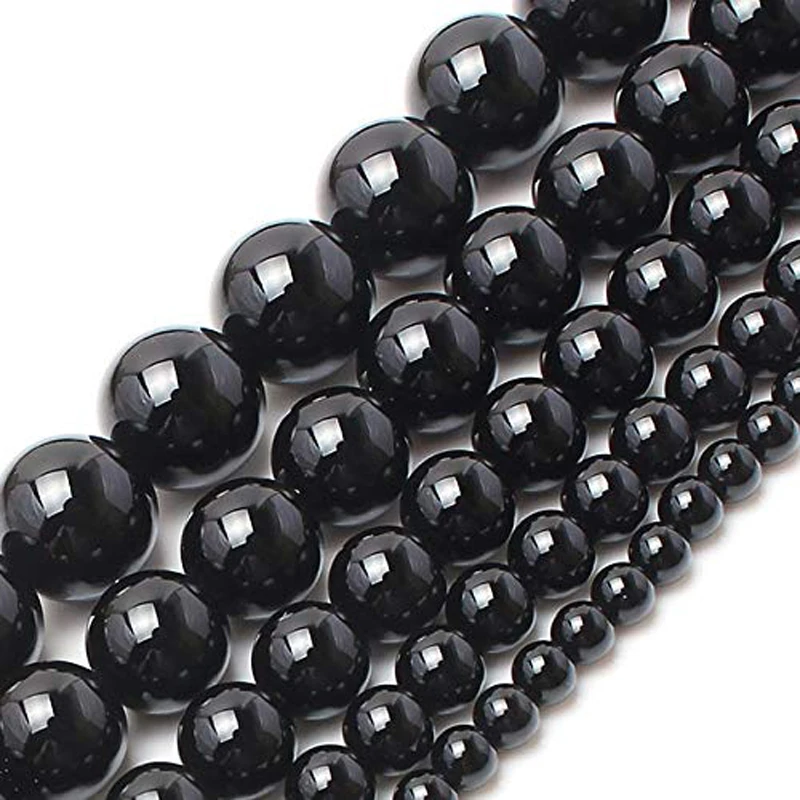 Black Onyx Agates Chalcedony Natural Stone Round Loose 15" Size Strand 4 6 8 10 12 14 Beads for Jewelry Making DIY Bracelets
