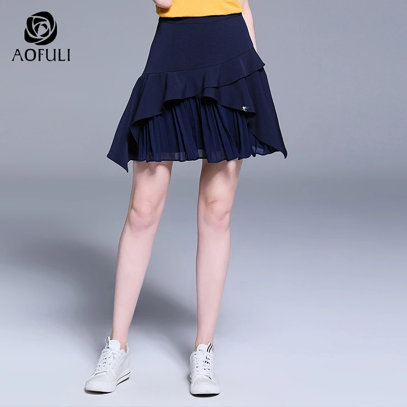 AOFULI L ~ 4XL 5XL синяя каскадная гофрированная юбка летняя однотонная Асимметричная