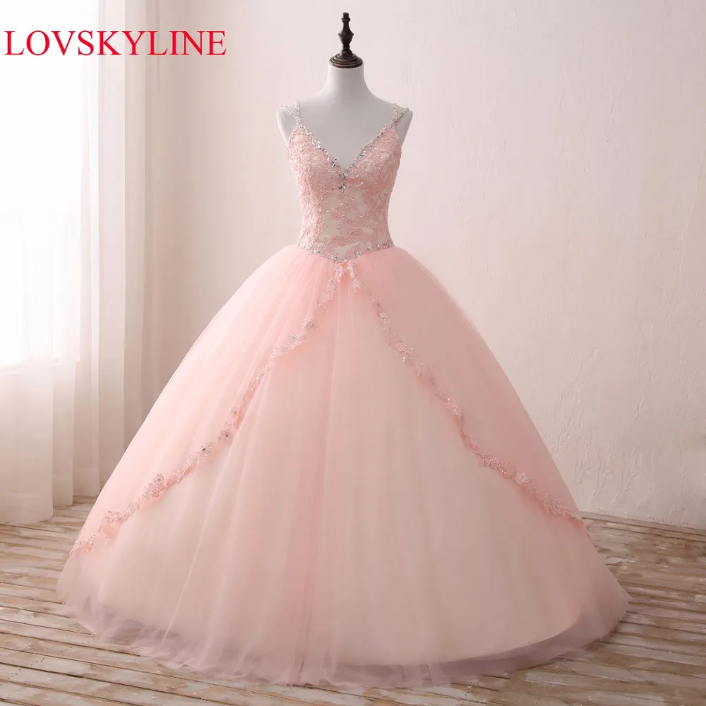 

LOVSKYLINE Hot Elegant V-NECK Wedding Dress Pink Actual Picture Lace Embroidery Crystal Beads Custom Size vestido de noiva