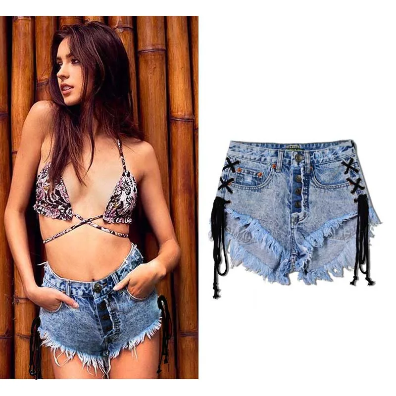 

Schinteon Women High Waist Denim Shorts Ripped Side Lace up Beach Single-Breasted Short Shorts Jeans 38 40 42