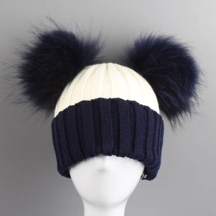 dark blue fur pom Новая зимняя шапочка Шапки для Для женщин Симпатичные два меха Кепка с помпонами вязаный пэчворк Skullies шапочки - Цвет: dark blue fur pom