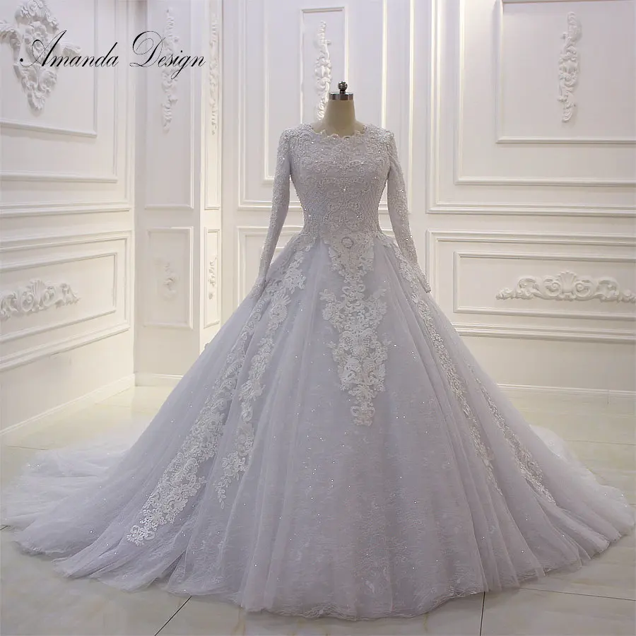 Аманда дизайн robe de mariee courte с длинным рукавом жемчуг мусульманское свадебное платье