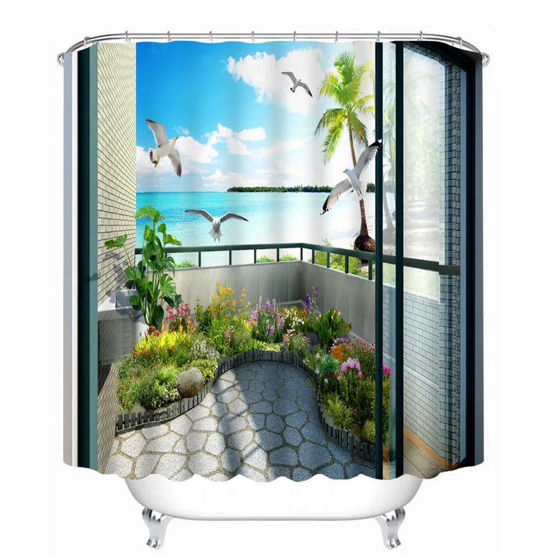

3d Sea View outside the Window Pattern Shower Curtains Bathroom Curtain Thicken Waterproof Thickened Bath Curtain