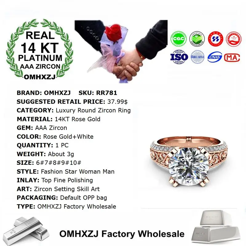 OMHXZJ Wholesale European Fashion Woman Man Party Wedding Gift Round White AAA Zircon 14KT Rose Gold Ring RR781 | Украшения и