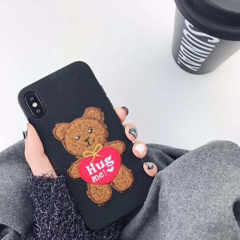 Full Cover Bear Embroidery Cases for Apple iPhone X 6 6S Beauty Pattern Phone Back 7 8 plus Coque Fundas |