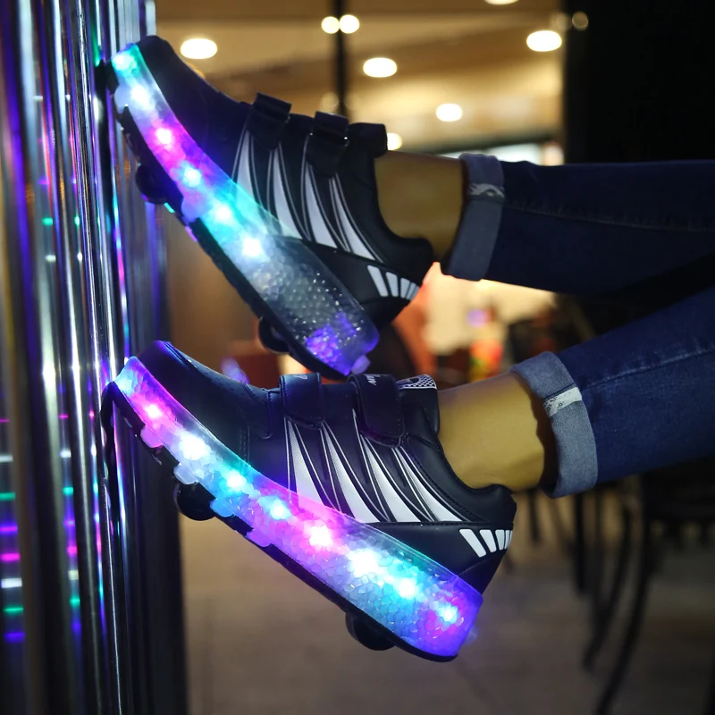 Two Wheels Luminous Sneakers Black Pink Led Light Roller Skate Shoes Children Kids Boys Girls Up Unisex | Детская одежда и обувь