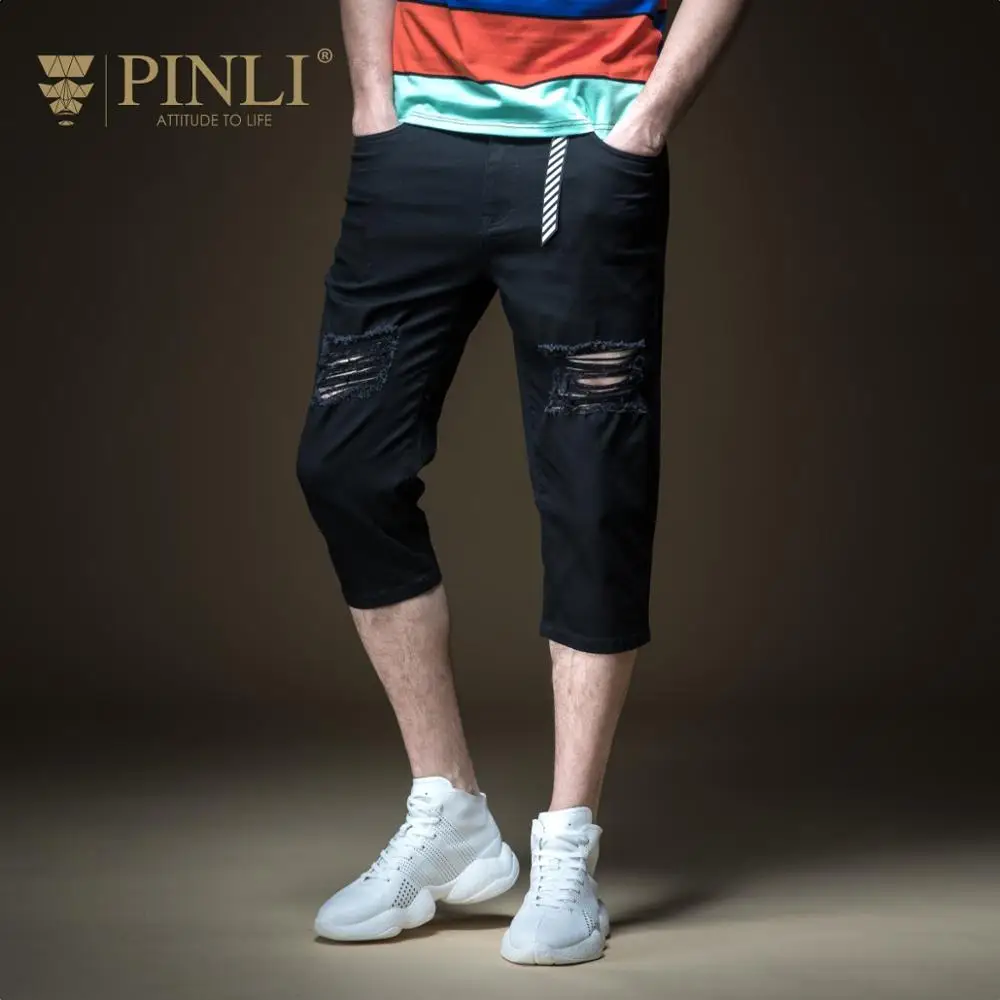 

2018 Real Slim Fake Designer Clothes Pinli Summer Hot New Men's Fitted-up Small-foot Hole Jeans Seven-minute Pants B192216295