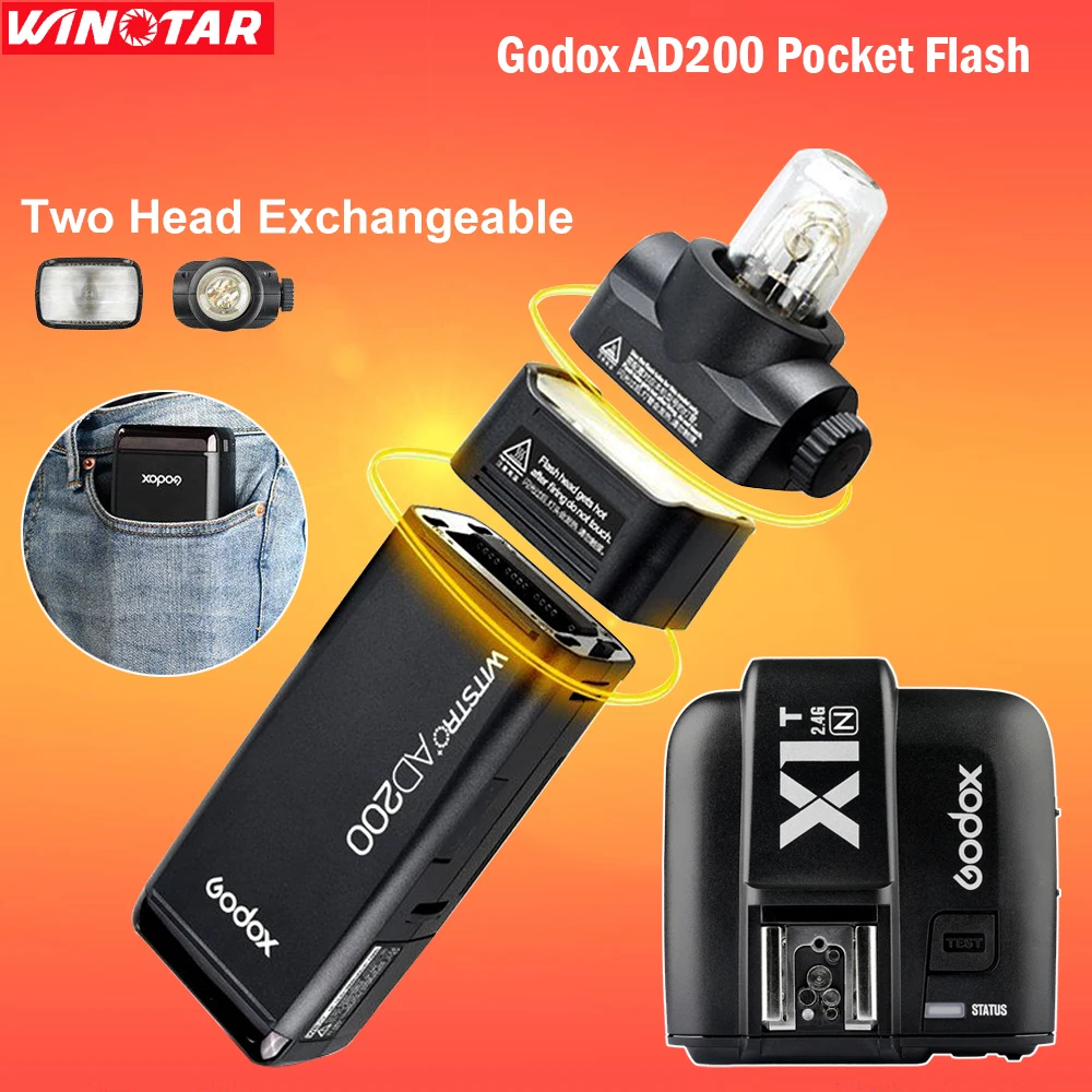 Godox AD200 Pocket Flash Speedlite Double Light Heads 200W 2.4G TTL HSS with 2900mAh Lithium Battery + X1T-N Trigger for Nikon |