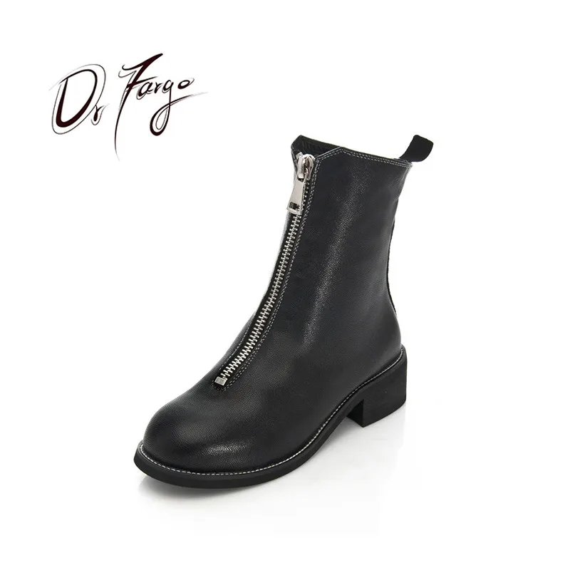 

DRFARGO Genuine Leather Shoes Women Sheepskin Mid-calf Winter Boots Thick Heel Front Zipper Round Toe Motorcycle Boots size 43