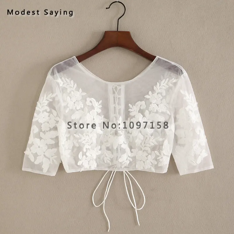 

Elegant Ivory Half Sleeves Sequined Lace Wedding Boleros 2018 with Lace Up Back Women Bridal Capes Jackets Wedding Accessories