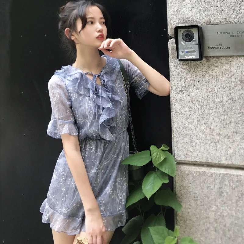 BGTEEVER Vintage Elastic V-neck Ruffles Floral Print Summer Playsuit Elegant Chiffon Women Rompers feminino 2018 | Женская одежда