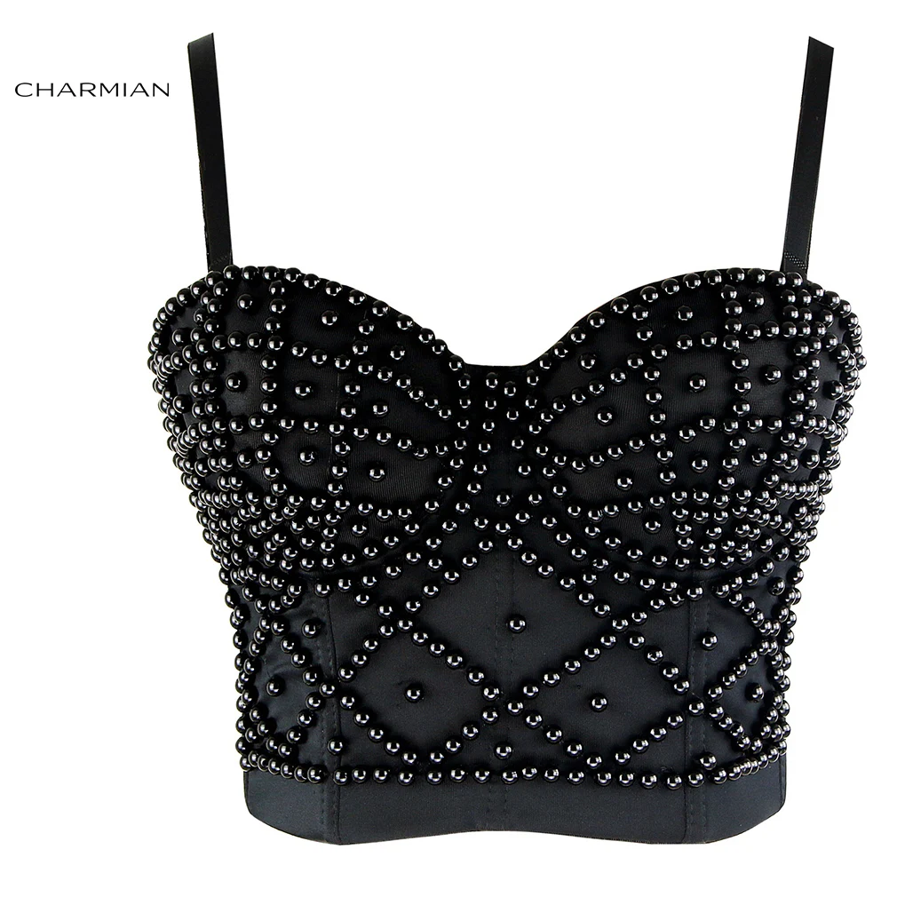 Black Bra Top Charmian женский сексуальный панк черный бюстгальтер укороченный Топ Корсеты и бюстье Бисероплетение Бурлеск танец Клубная одежда Корректирующее белье для тела Талия Cincher - Цвет: Black Bra Top