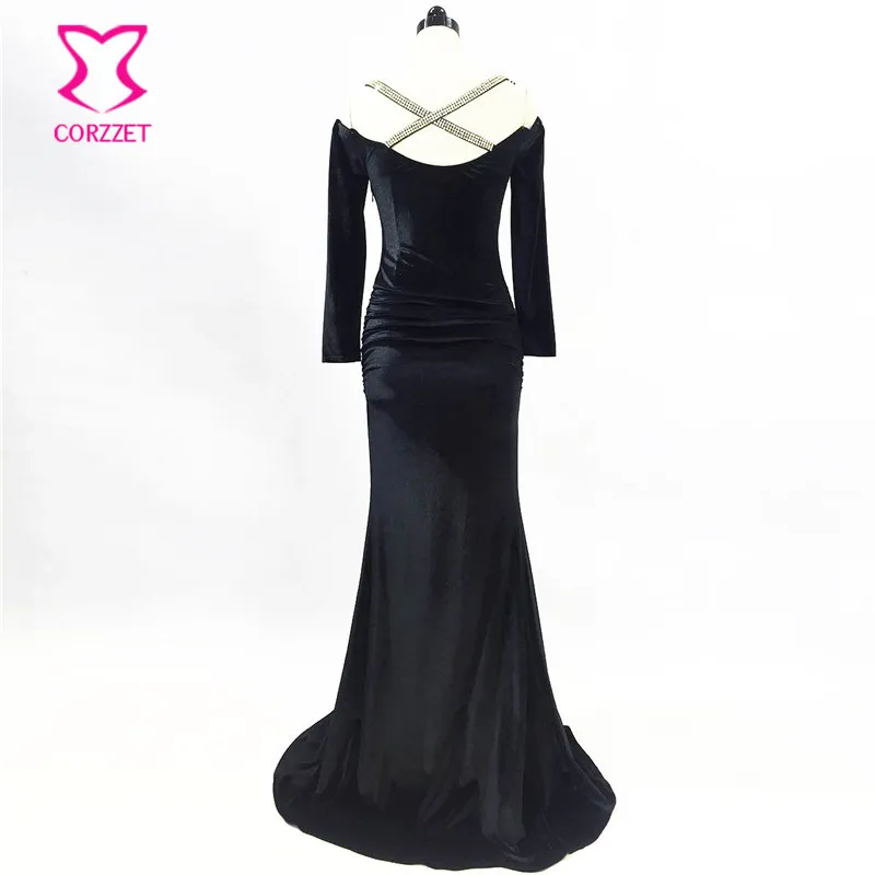 Black Velvet Deep V Neck Diamond Strap Backless Full Sleeve Side Split Mermaid Party Dress Women Banquet Nightclub Sexy Dresses | Женская