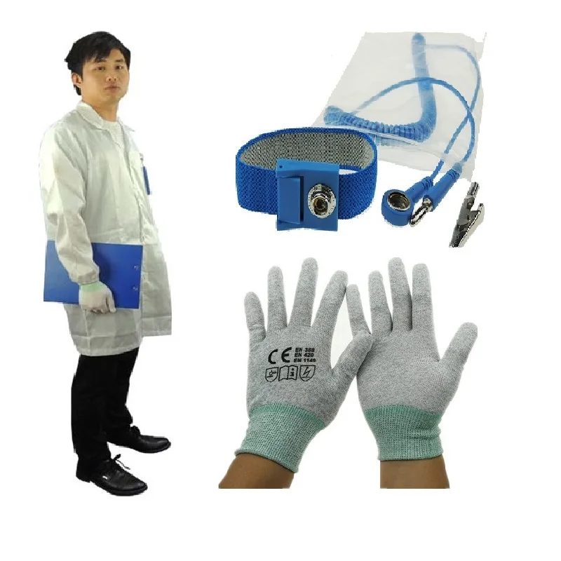 

Polyester Cleanroom ESD Smock Working Vests Workwear ESD Safety Cothing Garment with Antistatic Wrist Strap and Gloves
