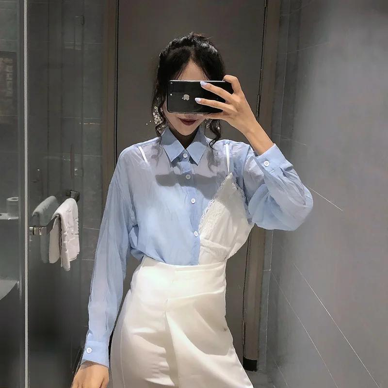 Lychee Девушки Кружева Спагетти ремень Лоскутная Женская рубашка отложной воротник