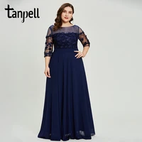 tanpell split front evening dress dark navy three quarter sleeves a line gown women prom formal appliques long evening dresses