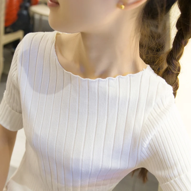 

2020 Autumn Knitwear Korean Women Sweaters and Pullovers Jersey Mujer O-Neck Half Sleeve Solid Knitted Sweater Maglioni Donna