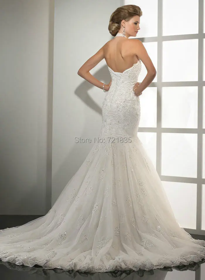 2014 new Sexy A-Line Floor Length Cathedral Appliques V-neck Off the Shoulder Sleeveless Natural Organza Wedding Dresses | Свадьбы и
