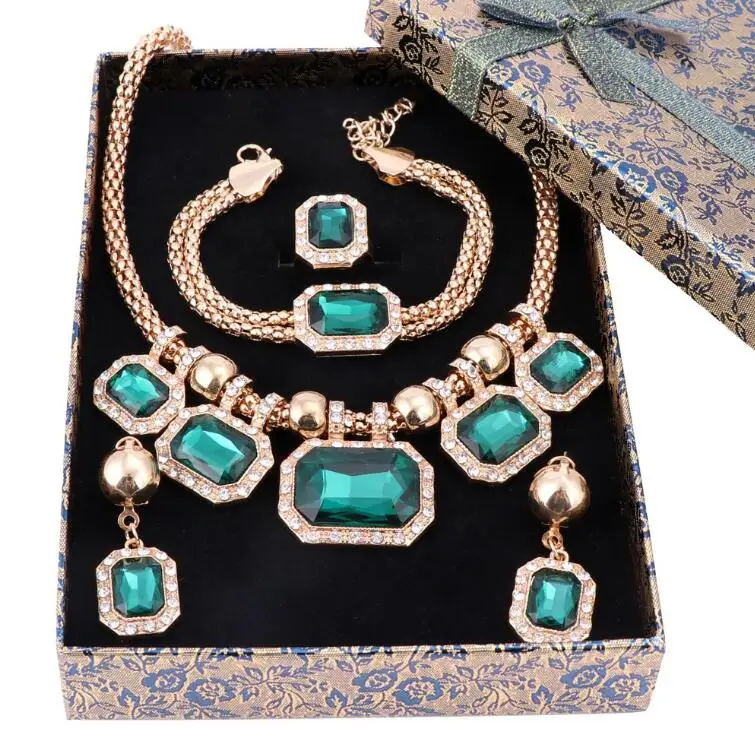 Jewelry and boxes Модное ожерелье, браслет, серьги, кольцо, зеленый драгоценный камень, золотой цвет, Свадебные Ювелирные наборы для женщин, кристалл, африканские Аксессуары для платья - Окраска металла: Jewelry and boxes