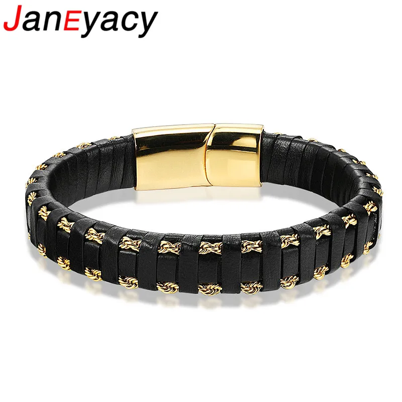 

2019 Brand Men Leather Bracelet Jewelry Stainless Steel Clasp Gold/Steel Steel Wire Chain Braid Rope Chain Wristband Pulseira