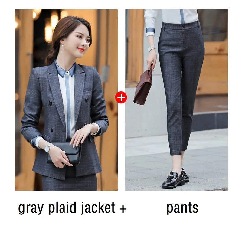 gray jacket pants Женские костюмы, тонкий пиджак в клетку с длинным рукавом и брюки, 2 предмета в комплекте, OL, официальные женские брюки, костюмы для женщин, костюмы 866 - Цвет: gray jacket pants