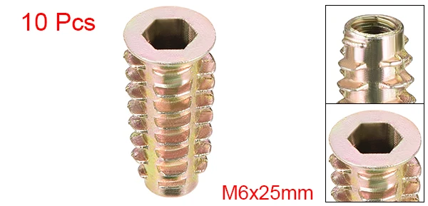 M6x25mm Uxcell Горячее предложение Высокое качество 10 шт. M6 M8 M10 бронзовый тон цинковый сплав шестигранный привод плоская головка резьба для деревянной вставки гайка мебельные гайки - Цвет: M6x25mm