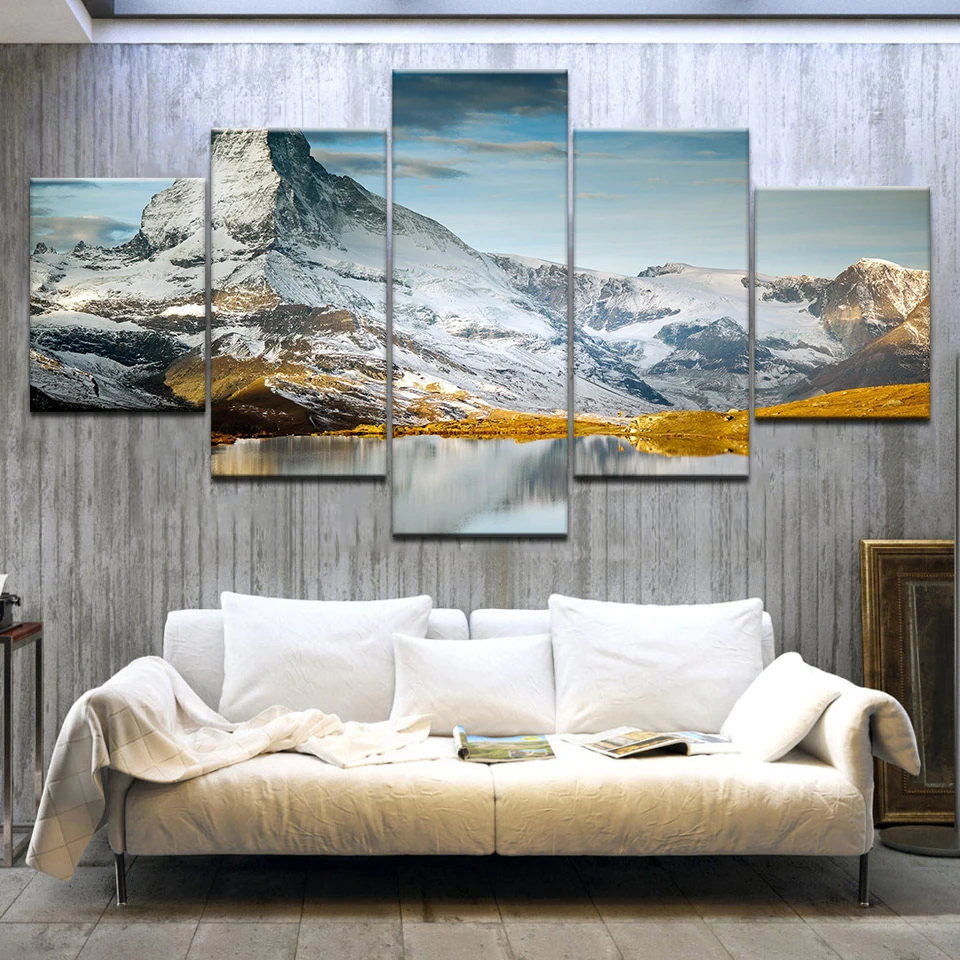 

Snow mountain lake beautiful landscape 5 Panel HD Print modern art wall posters Canvas For home living room decoration