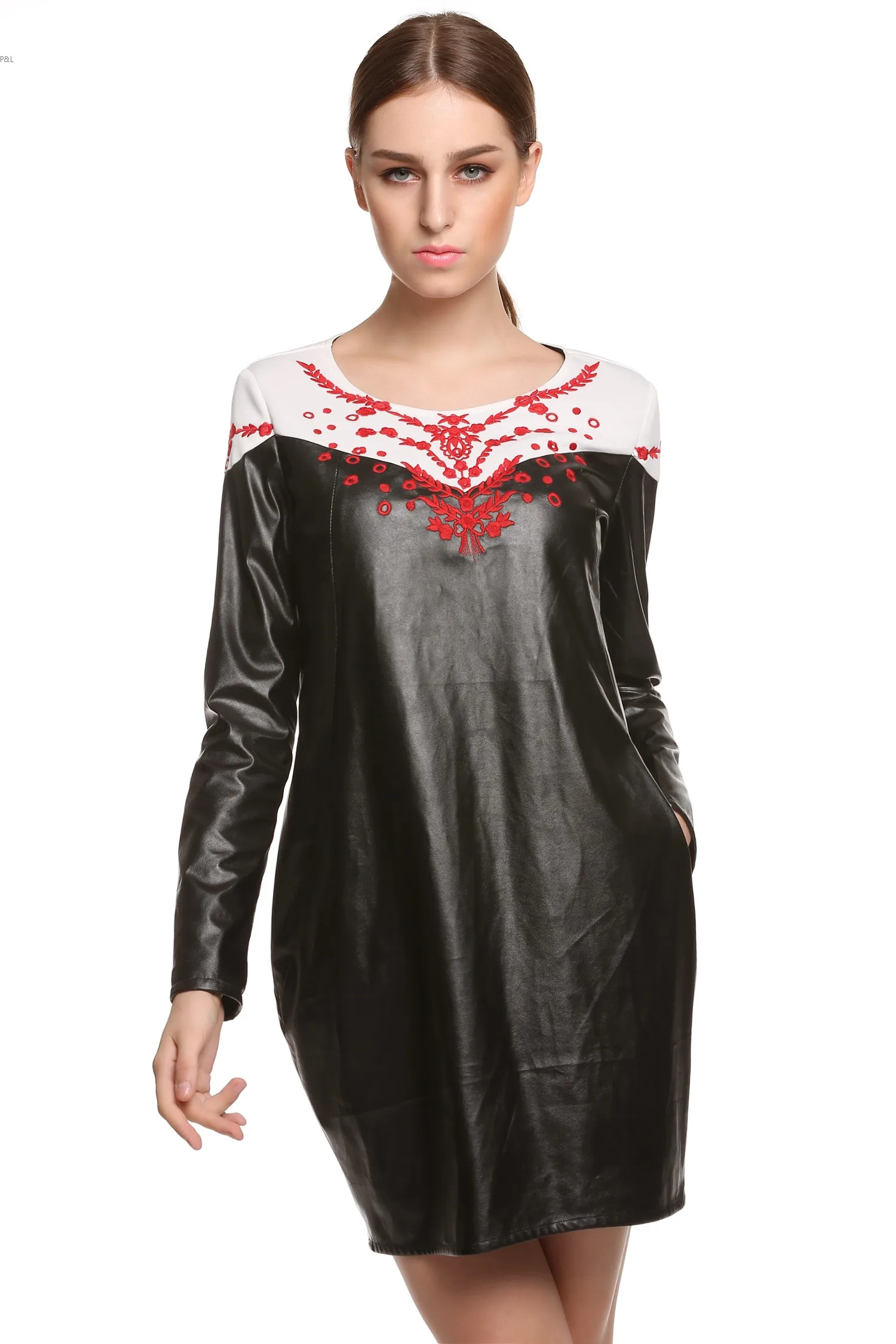 Женская мода Весна Лето Платье С Длинным Рукавом PU Кожаные Платья O Шеи Прямо Мини