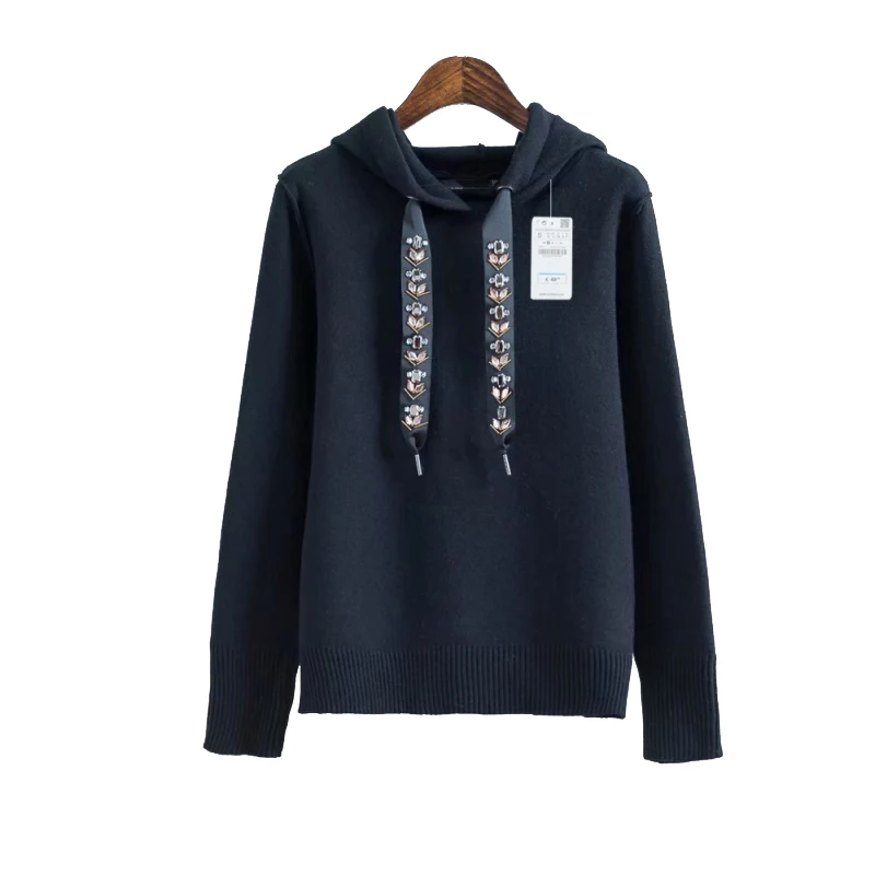 Elegant Female Knitted Beading Sweaters for Womens Jewelry Decoration Hooded Pullovers Women Winter Knitwear Girls Chic Clothes | Женская