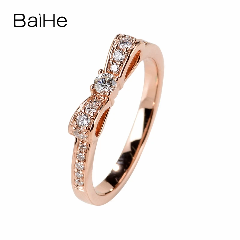 

BAIHE Solid 14K Rose Gold 0.25ct H/SI Round Natural Diamonds Wedding Band Trendy Fine Jewelry Beautiful bow diamond Gift Ring