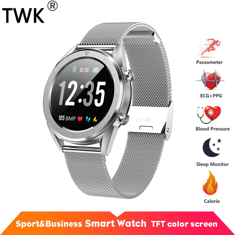 TWK мужские часы ЭКГ Смарт IP68 Водонепроницаемые Серебристые pk xiaomi mi band 3 Бизнес