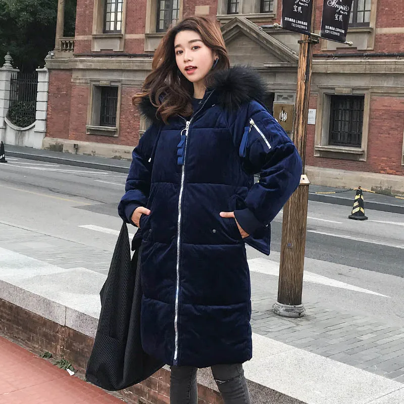 Royal blue Высококачественная женская зимняя куртка бархатная с меховым капюшоном теплая плотная парка длинное пальто парки с хлопковой подкладкой - Цвет: Royal blue