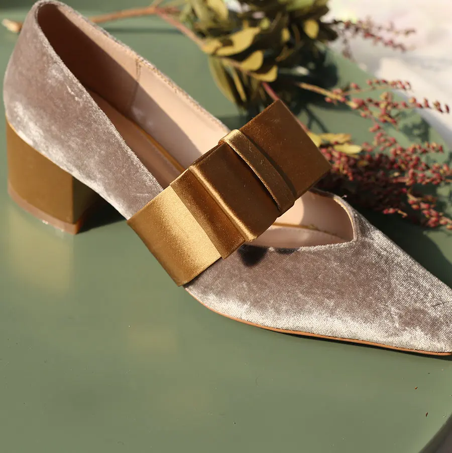 Eokkar/ г. Женские бархатные туфли-лодочки на среднем каблуке золотистого цвета модельные туфли с квадратным носком Классическая обувь для вечеринок с бантом-бабочкой размер 34-39