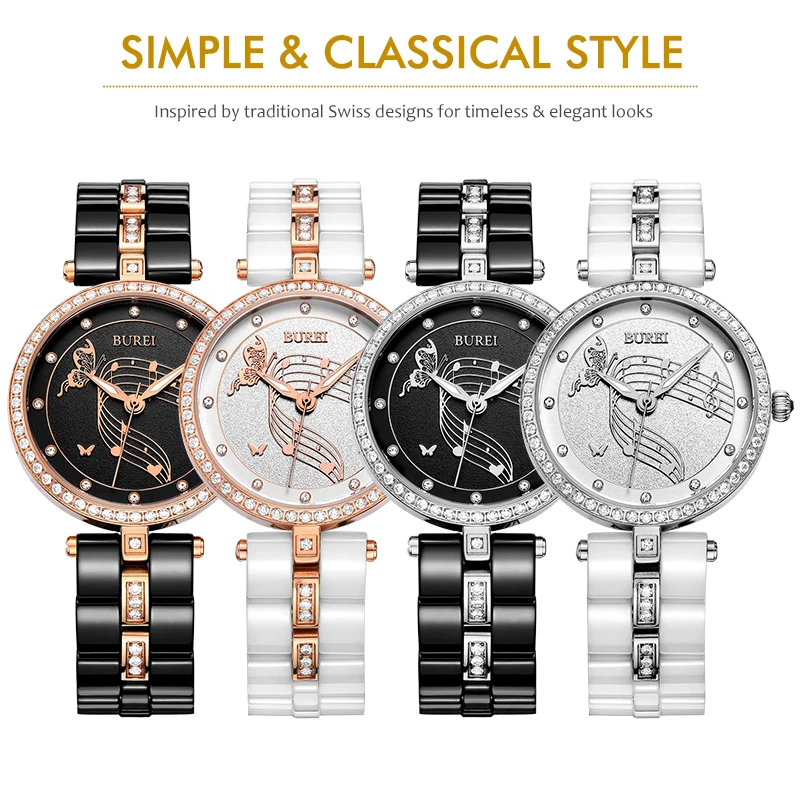 BUREI женские повседневные часы музыкальный циферблат бриллианты керамический