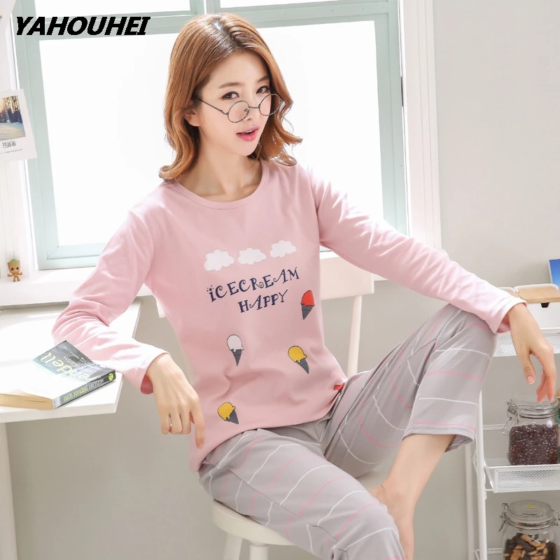 xuegao baiyun pink Новинка, вязанные женские пижамы из хлопка, комплекты, весна-осень, 26 стилей, плотные, с героями мультфильмов, женские длинные пижамы - Цвет: xuegao baiyun pink