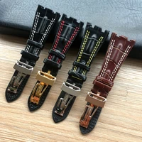 for ap strap 28mm black brown with white yellow double stitches genuine leather watch band bracelet with deployment clasp